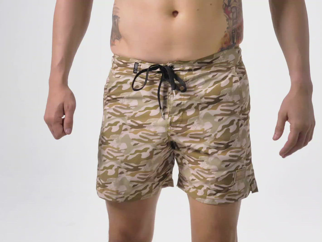 Naked Warrior Desert Camo 4-Way Stretch Board Shorts | Sunga Life no