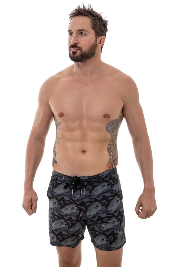 Multicam Black Naked Warrior Camo 4-Way Stretch Board Shorts | Sunga Life