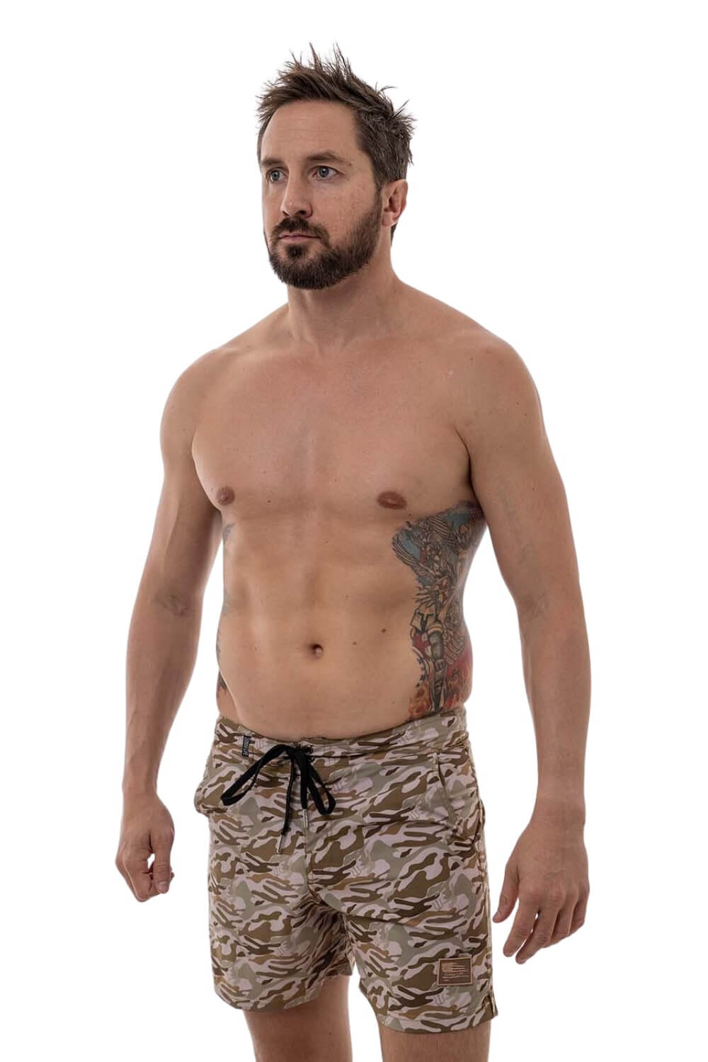 Naked Warrior Desert Camo 4-Way Stretch Board Shorts | Sunga Life no
