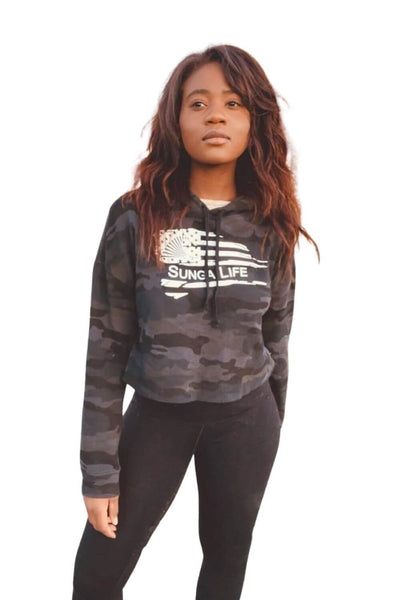 Black Camo Sweatshirt, Women's Crop Top Hoodie - Sunga Life Medium