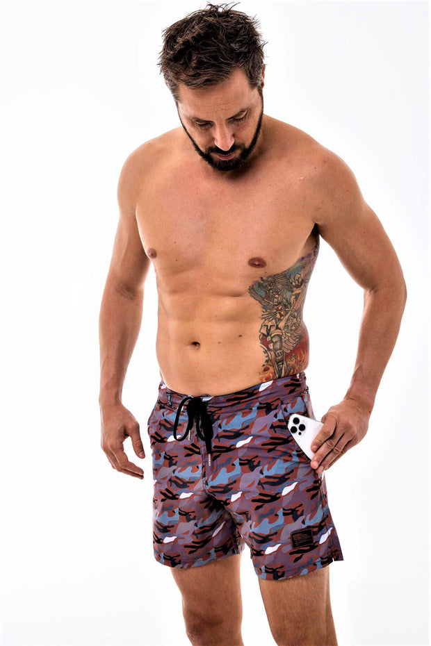Red Naked Warrior Camo 4-Way Stretch Board Shorts | Sunga Life