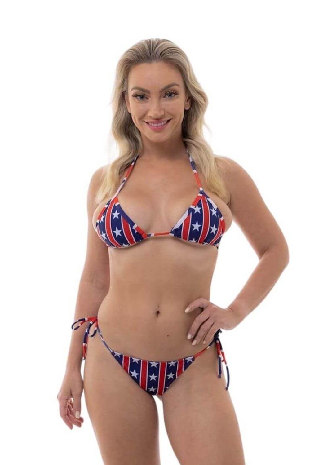 LASWEGA Women's American Flag Bikini Set - String Halter Top & Tie Side Bottom, 2 Piece Swimsuit, Medium